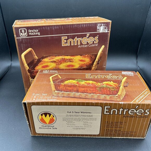 ANCHOR HOCKING Entrées Amber Cuisine Sets Loaf Pan, Cake Dish & Rattan Basket - Picture 1 of 7